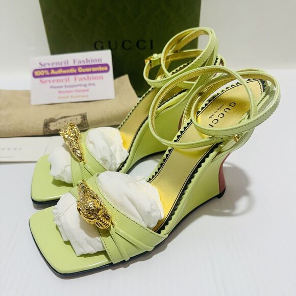 Gucci 37/ US 7 Two-Toned Dora Embellished Crystal Wedge Green Sandals NIB $1,250 - Picture 5 of 13